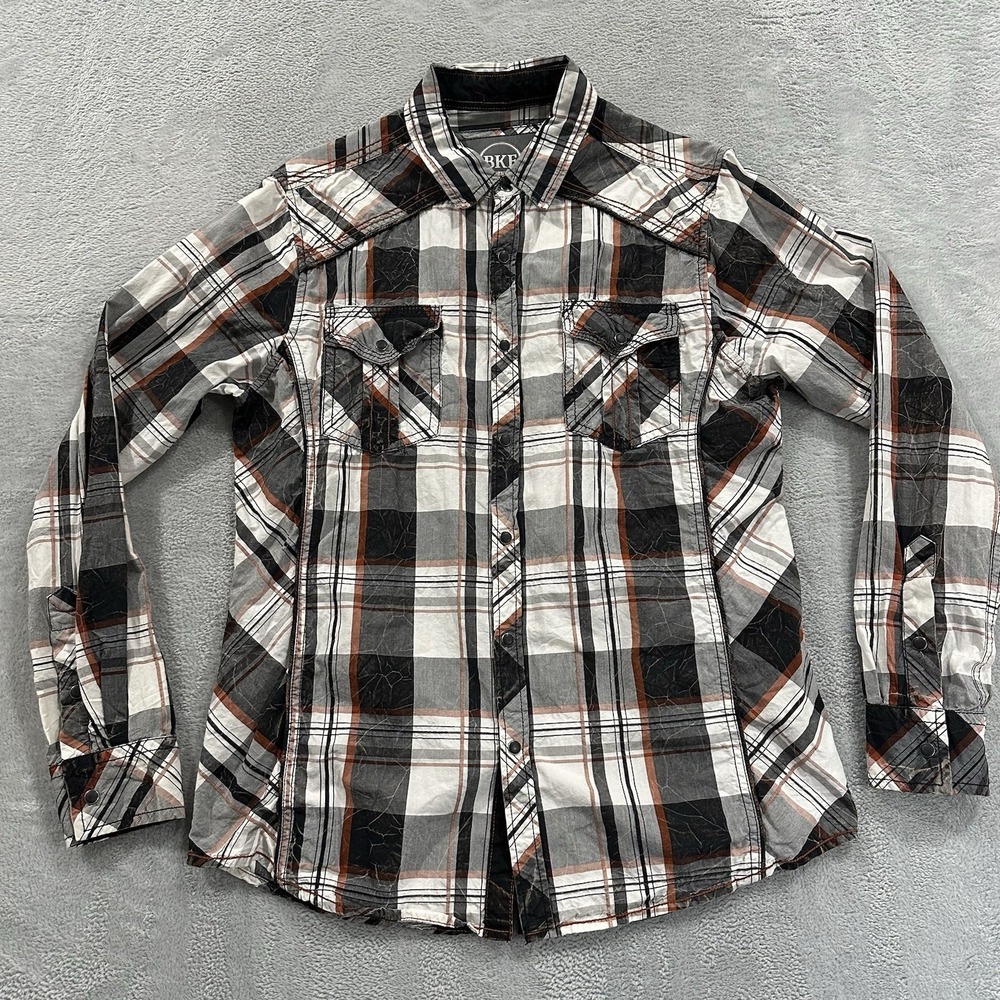 BKE Pearl Snap Standard Fit Shirt Men M Plaid Black Marbled Long Sleeve Western